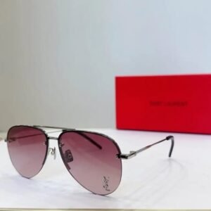 YSL Classic 11 M Brow Bar Aviator Sunglasses Silver Frame Peach Gradient Lenses