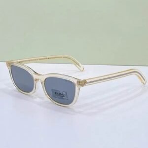 Prada PR A17SF White Square Sunglasses Polished Acetate With Gold Outline Frame And Navy Blue Lenses
