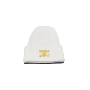 Celine Full White Ribbed Knit Beanie