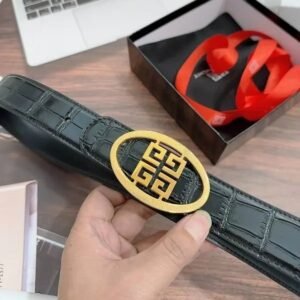 Givenchy Black Crocodile Embossed Belt Gold Tone Oval Buckle