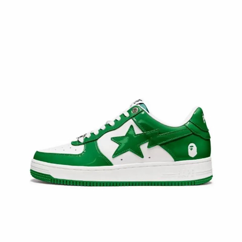A Bathing Ape Bape Sta Low Sneaker in a Green and White - Patent Leather Streetwear